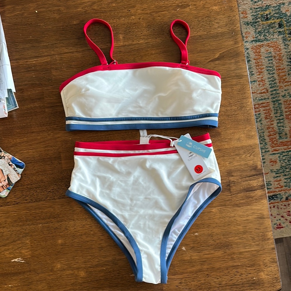 White Bikini Set with Red and Blue Trim